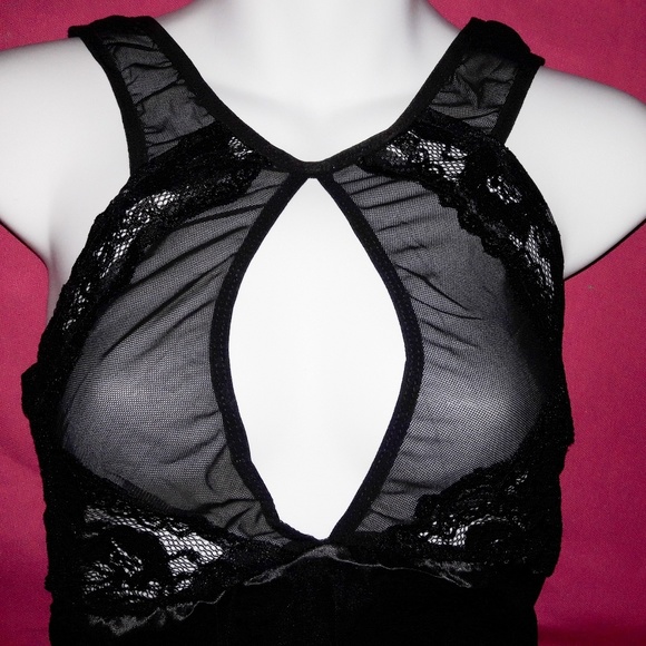 Black Satin Lace Halter Babydoll Chemise Panty Set - Picture 4 of 7